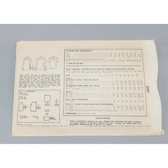 Simplicity 1947 Boys Shirt Pockets Two Sleeve Length Sewing Pattern #2049 Size 4 - Picture 3 of 3
